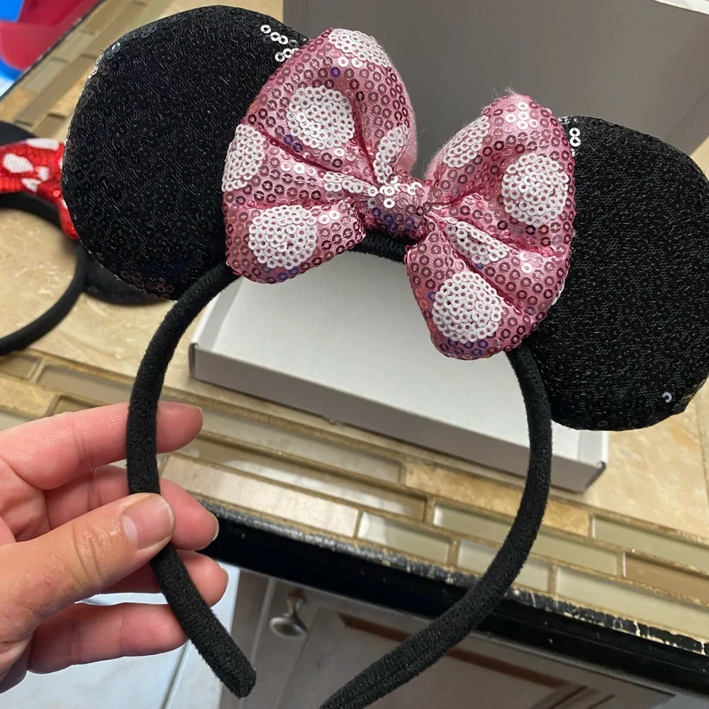 Pair of 2 NEW Pink and Red Polka Dotted Sequins Minnie Mouse Ears